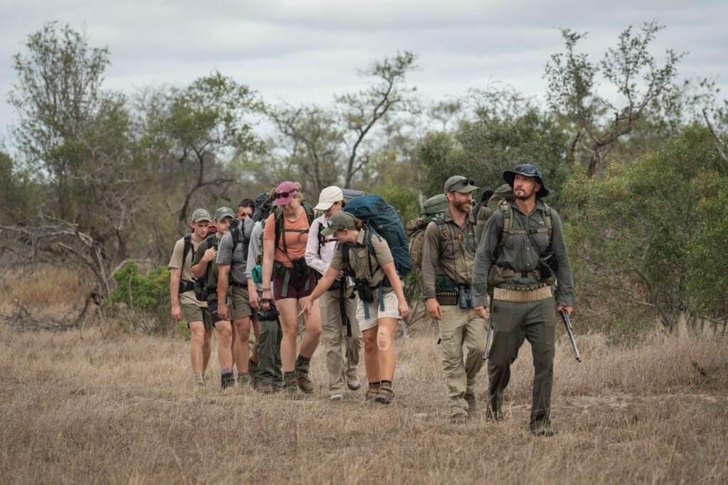 Daphne wijst tijdens het wandelen naar iets op de grond en vertelt de deelnemers erover, terwijl ze achter de gidsen aanlopen tijdens de Primitive Trail in Greater Kruger.